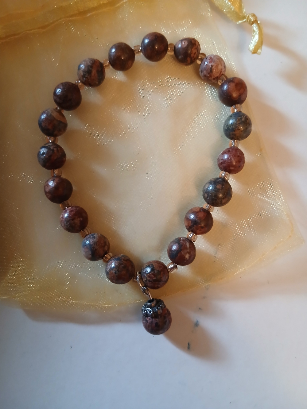 Natural Brown Jasper Beaded Bracelet with Charm